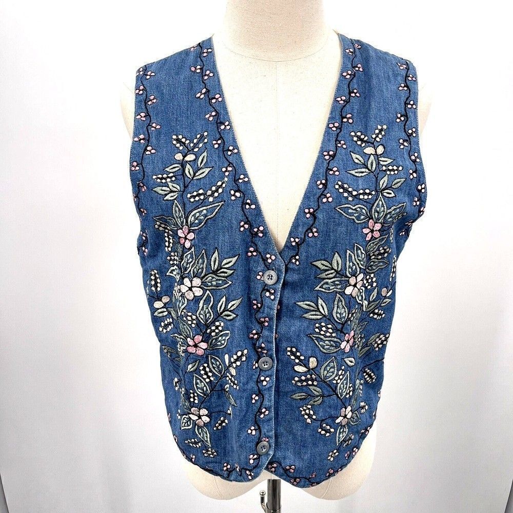Agapo petite collection vintage womans vest PM floral embroidered on denim BoxK